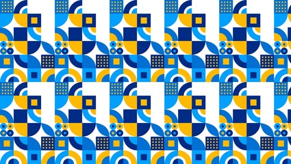 Seamless pattern with geometric shapes in blue and yellow on a white background creating a vibrant design