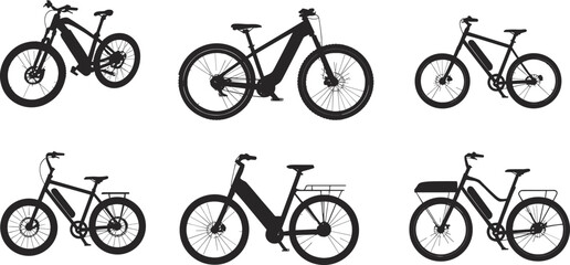 Electric bicycle silhouettes set, black vector e-bike icons with different frame types, battery styles, and gear configurations