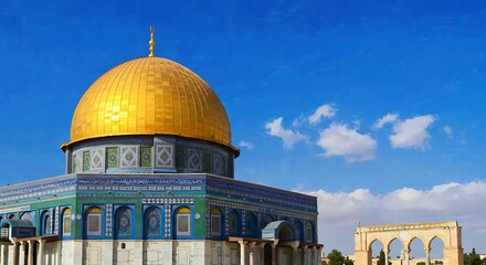 Obraz premium Vibrant Islamic Dome of the Rock, Jerusalem: Stunning gold dome, intricate blue mosaic details, clear blue sky, daytime.