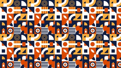 Geometric pattern featuring circles squares triangles and semicircles in orange yellow white and dark blue