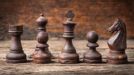 Chess pieces strategically placed on a weathered wooden table with warm vintage lighting.