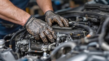 A mechanic's hands, covered in grease, working on a car engine, performing maintenance.