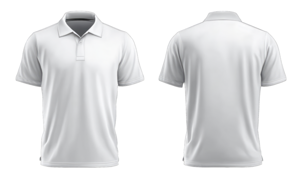 Front and back view of a blank white polo shirt