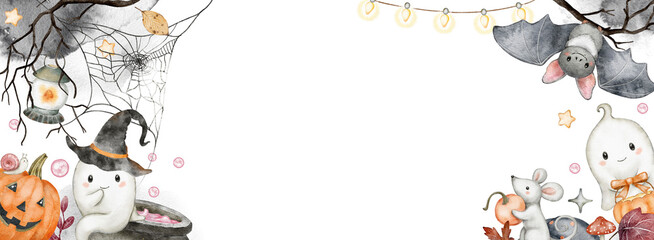 Halloween watercolor banner with cute cartoon ghost, bat, pumpkin, lantern, mouse, cauldron, spider web, tree branch. Hand drawn illustration frame. Kids autumn design for holiday party decoration.