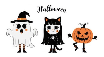 Black Cat and Ghost Wearing Halloween Costume in Fun Cartoon Illustration