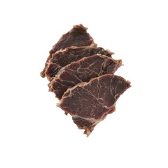 Obraz premium Beef Jerky Slices Isolated on White Background - Dried Meat Snack