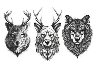 Obraz premium Wolf and Deer Hybrid Heads — Detailed Black and White Dotwork Illustration, Transparent Background PNG