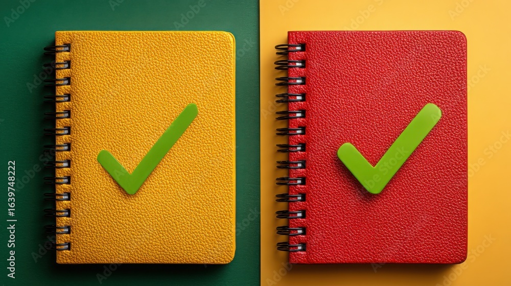 Poster two notebooks featuring green tick marks representing the concept of resetting priorities and redefi