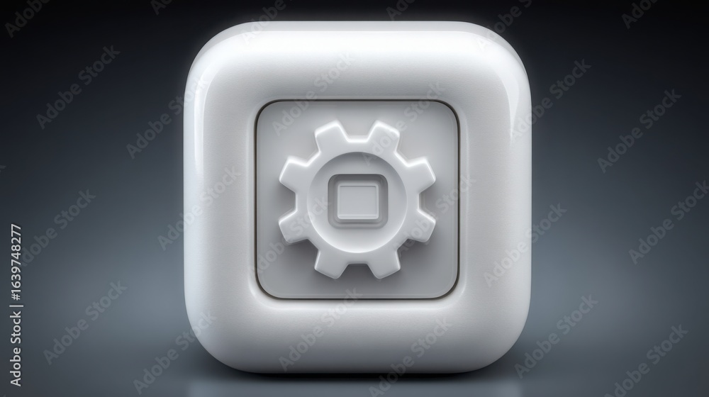 Poster white button featuring a gear symbol represents the concept of refreshing systems and redefining wor