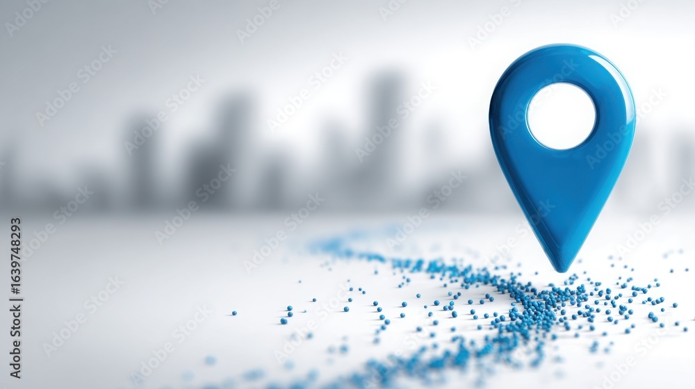 Poster blue pin marking a city on a map represents the concept of reshaping the roadmap and adapting paths 