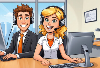 Man and woman working in call center. Young people with headsets answering calls in support or service center. Communication, support, help concept