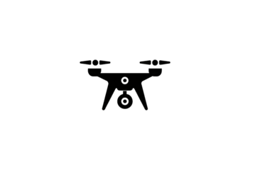 A silhouette of a drone, outlined against a pure black background.  The drone's body, arms, and propellers are visible.  A small, indistinct object is beneath the body