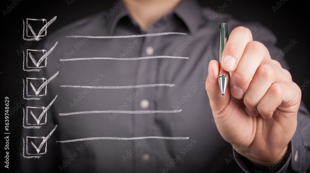 Poster person writing a checklist to organize tasks and prioritize goals for effective time management and 