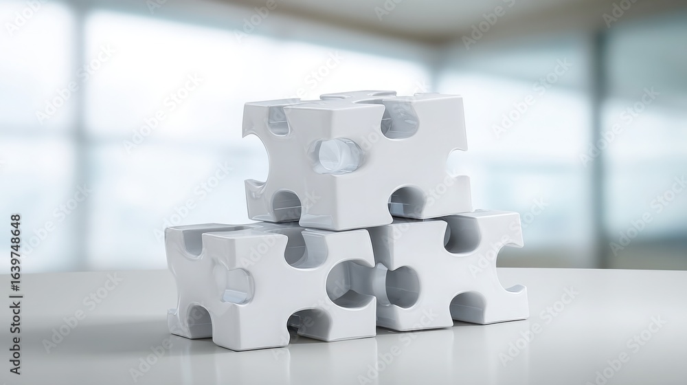 Poster stack of white puzzle pieces representing the concept of team restructuring for improved performance
