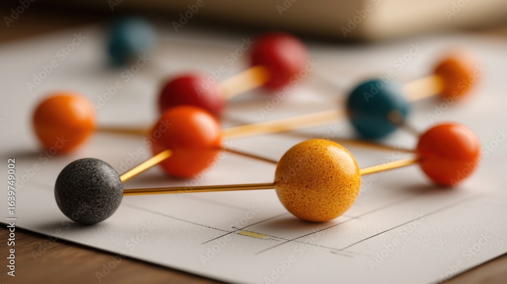 Poster Group of balls arranged on a sheet of paper illustrating the review of dependencies and identifying task relationships