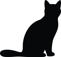 Black cat silhouette sitting calmly, rear view vector, minimalist feline artwork, simple pet design, modern isolated animal illustration