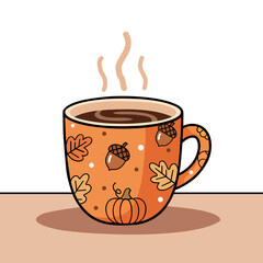 Autumn Coffee Mug Vector with Pumpkin and Leaves