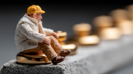 Figurine of a man sitting on a table signifying scheduling time to decide icon concept for action and decision making