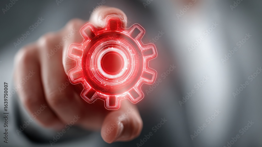 Poster person holding red gear wheel representing meaning-based input in semantic signal processor icon con