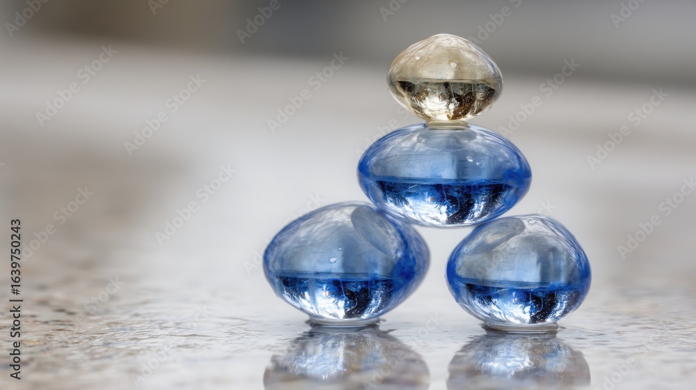 Poster three elegant glass balls positioned on a reflective table surface with soft ambient lighting creati