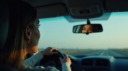 Woman driving car during golden hour, with focus on her eyes in rearview mirror. Perfect for travel, freedom, road trip, and driving safety themes