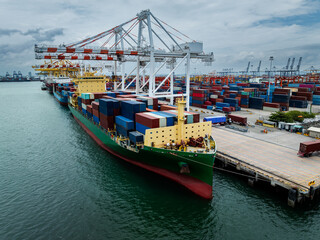 commercial port load and unloading cargo from container ship for import export by crane for...