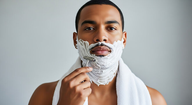 Portrait of an attractive man looking at the camera while shaving his beard. Men's daily grooming and skincare concept.