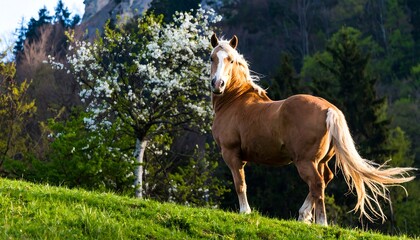 Horse standing on hillside in forest