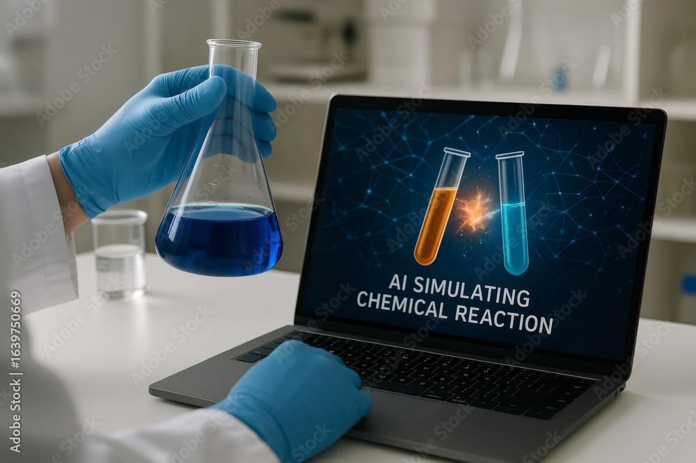 Poster laboratory technician holding an erlenmeyer flask and using a laptop for simulating a chemical react