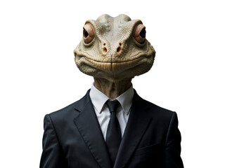 Realistic digital illustration of a humanoid reptilian creature wearing a black business suit and tie, isolated on a transparent background. Concept art for conspiracy theories, sci-fi.