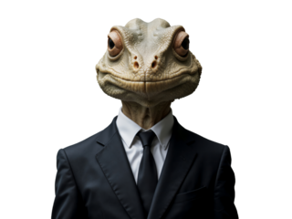 Realistic digital illustration of a humanoid reptilian creature wearing a black business suit and tie, isolated on a transparent background. Concept art for conspiracy theories, sci-fi.