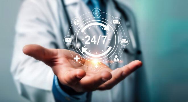 Doctor offering 247 healthcare services with digital icons representing medical support and patient care, symbolizing constant availability and accessibility in the medical field