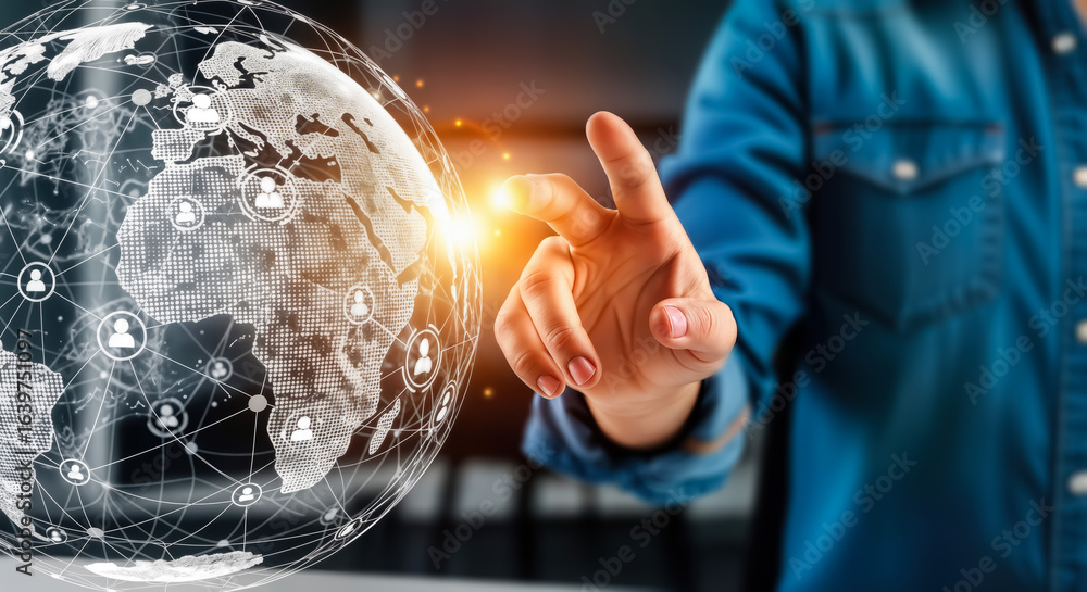 Poster person touching a glowing digital globe with interconnected nodes representing global networks and d
