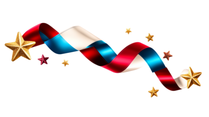 Red blue white ribbon with golden stars on transparent background