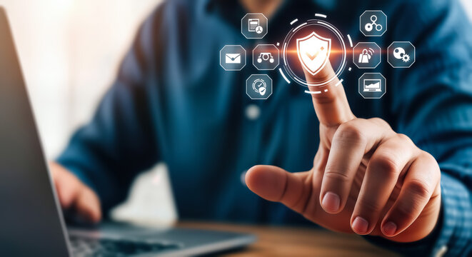 Person touching a digital shield icon surrounded by various technology and security symbols, representing cybersecurity and data protection in a connected world