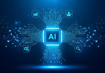 Fototapeta premium A futuristic glowing blue AI chip on a micro processor circuit board radiating glowing blue lines surrounded by various types of digital icons representing advanced technology and digital innovation.