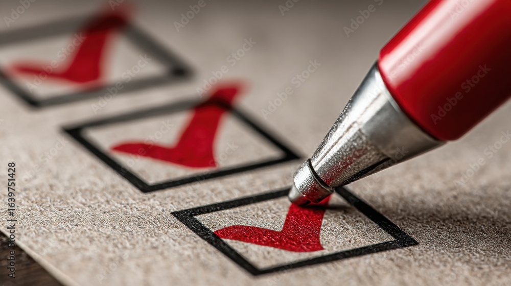 Poster a bright red pen marking a green check mark on paper indicating task progress and draft status for r