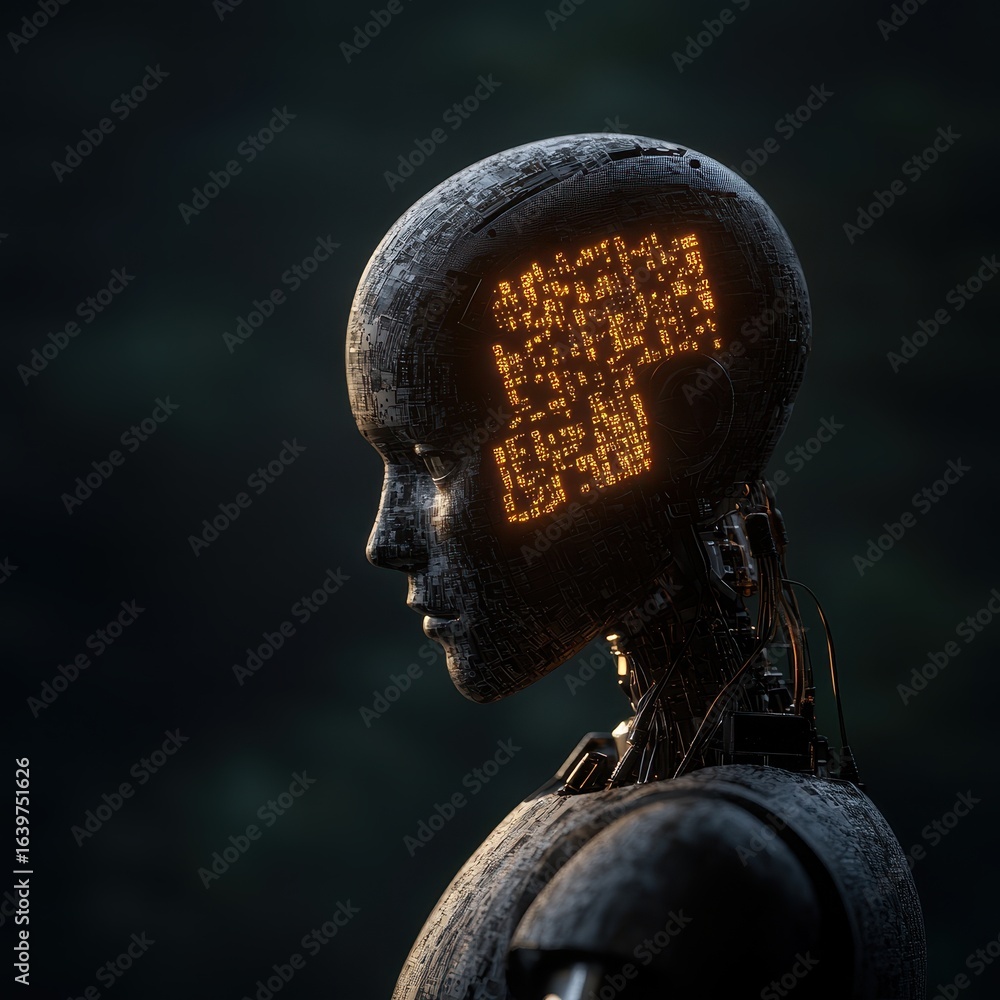 Poster futuristic robot head with digital circuits and glowing patterns