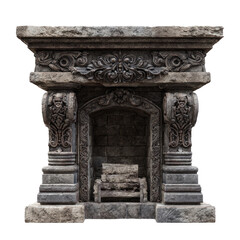 Fototapeta premium Ornate stone fireplace, detailed carvings, aged gray