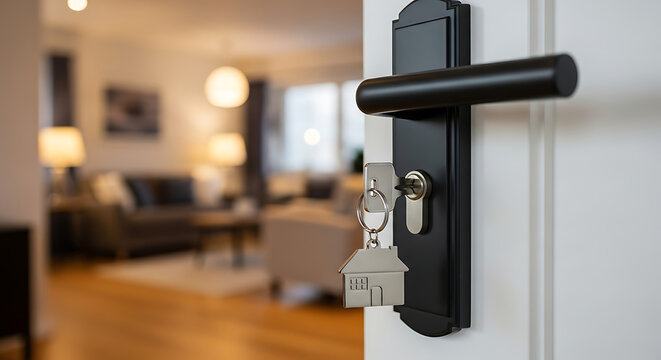 Keys with a house keychain in the door lock of a new home, symbolizing real estate purchase and moving in.