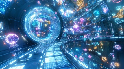 Futuristic Cityscape with Spheres, Ring, and Neon Lights