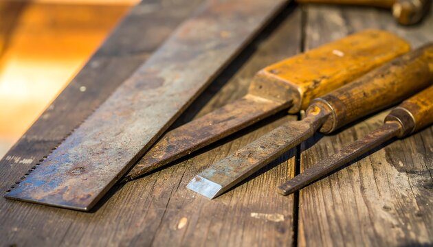 Old woodworking tools on weathered wood