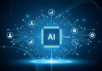 Fototapeta premium A futuristic glowing blue AI chip on a micro processor circuit board radiating glowing blue lines surrounded by various types of digital icons representing advanced technology and digital innovation.
