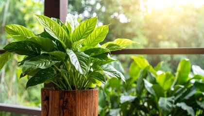 Peace lily plant in wooden pot