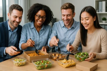 Multi ethnic colleagues enjoying healthy takeaway meals together during their lunch break in the office, fostering teamwork and communication