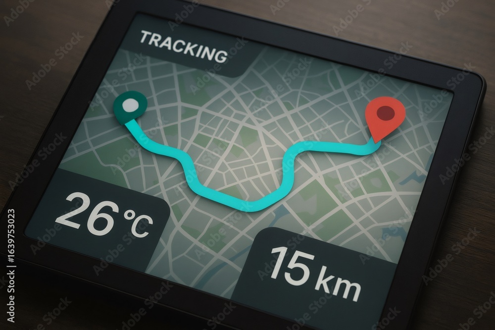 Aufkleber gps navigation app displaying tracking information on a tablet screen, showing a map with a route, d