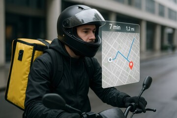 Delivery driver wearing helmet and thermal backpack is checking futuristic augmented reality map while riding motorcycle