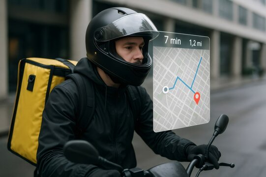 Delivery driver wearing helmet and thermal backpack is checking futuristic augmented reality map while riding motorcycle - Powered by Adobe