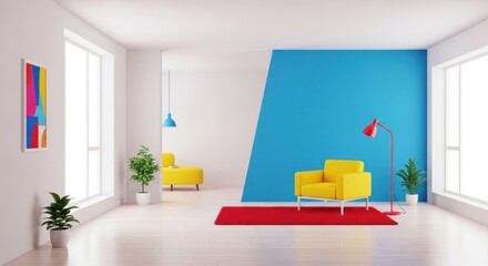 Bright interior with yellow armchairs, red rug, and blue wall in a modern home