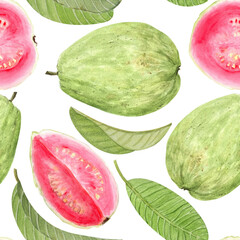 Guava whole fruit, half and green leafs. Hand painted watercolor seamless pattern isolated on white. Textured ideal for summer textiles, cards, eco-friendly packaging, kitchen decor, tropical branding